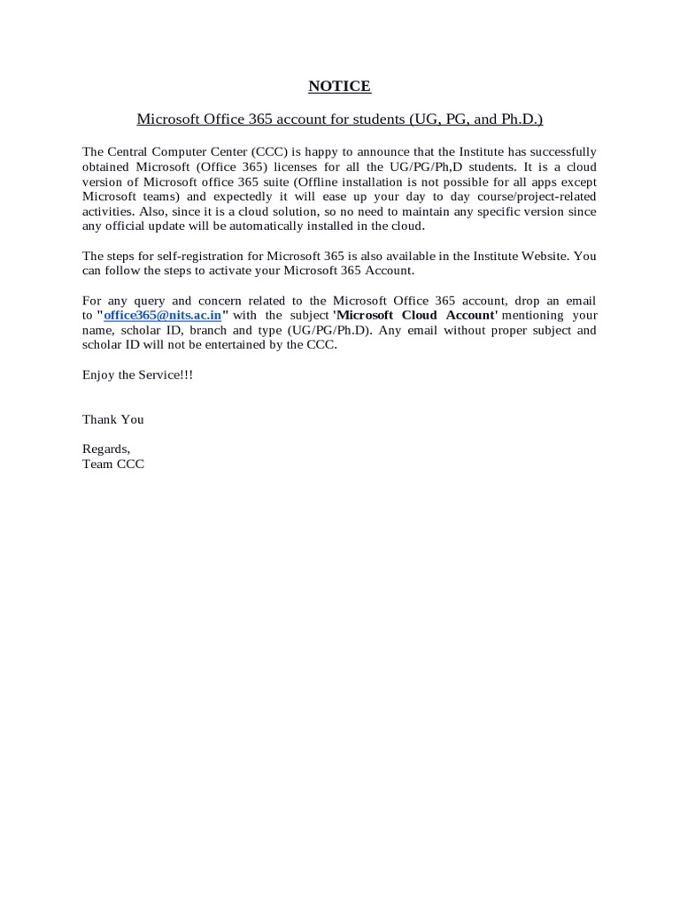 Notice For Activating Microsoft 365 For All Students | PDF
