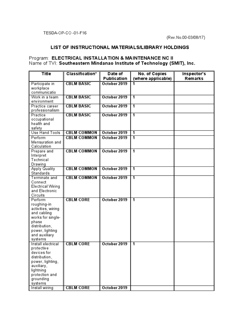 List of Instructional Materials/Library Holdings PDF