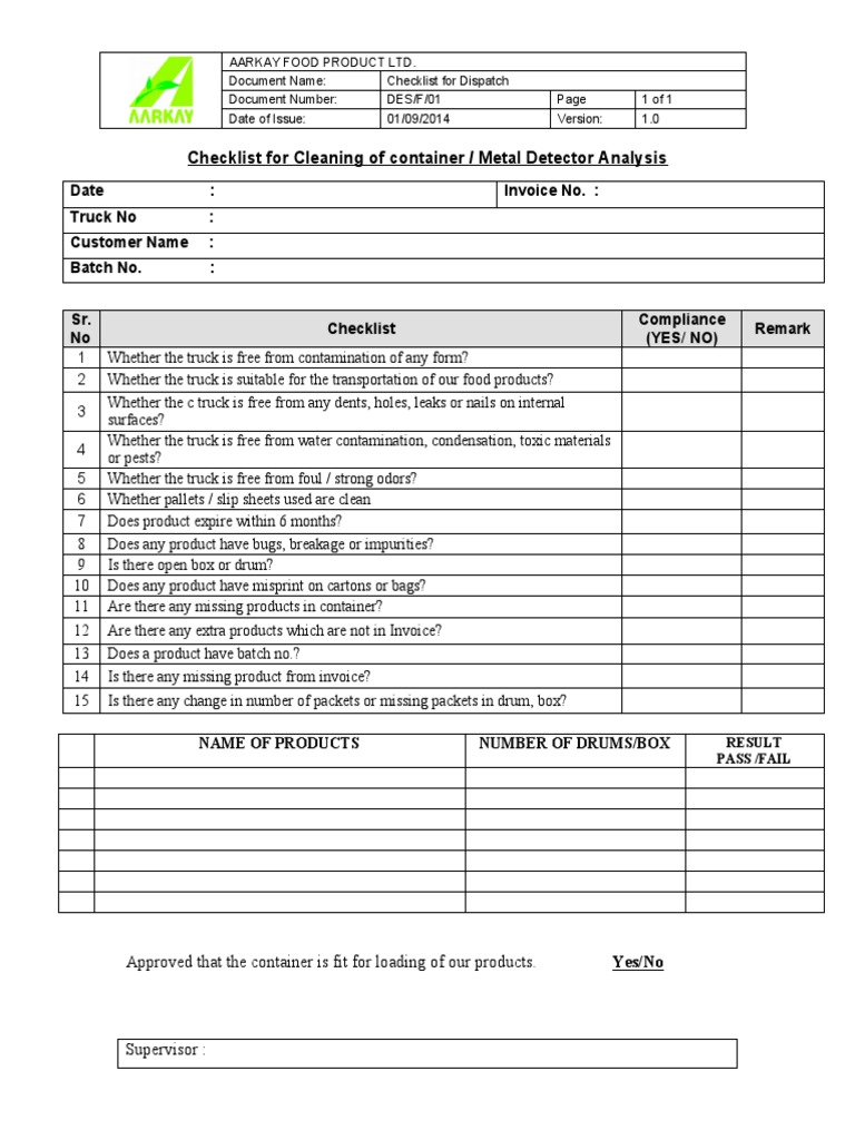 Checklist For Cleaning of Container - Metal Detector Analysis ...