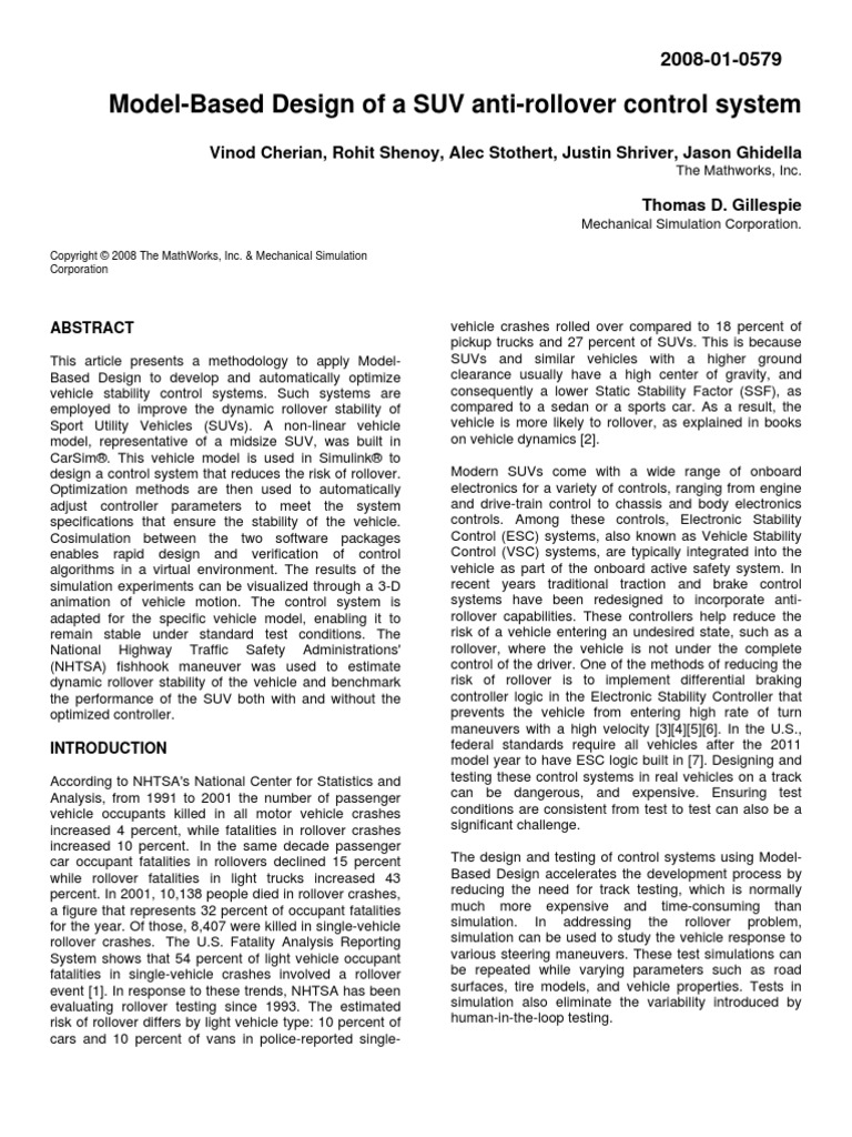 Model-Based Design of A SUV Anti-Rollover Control System | PDF ...
