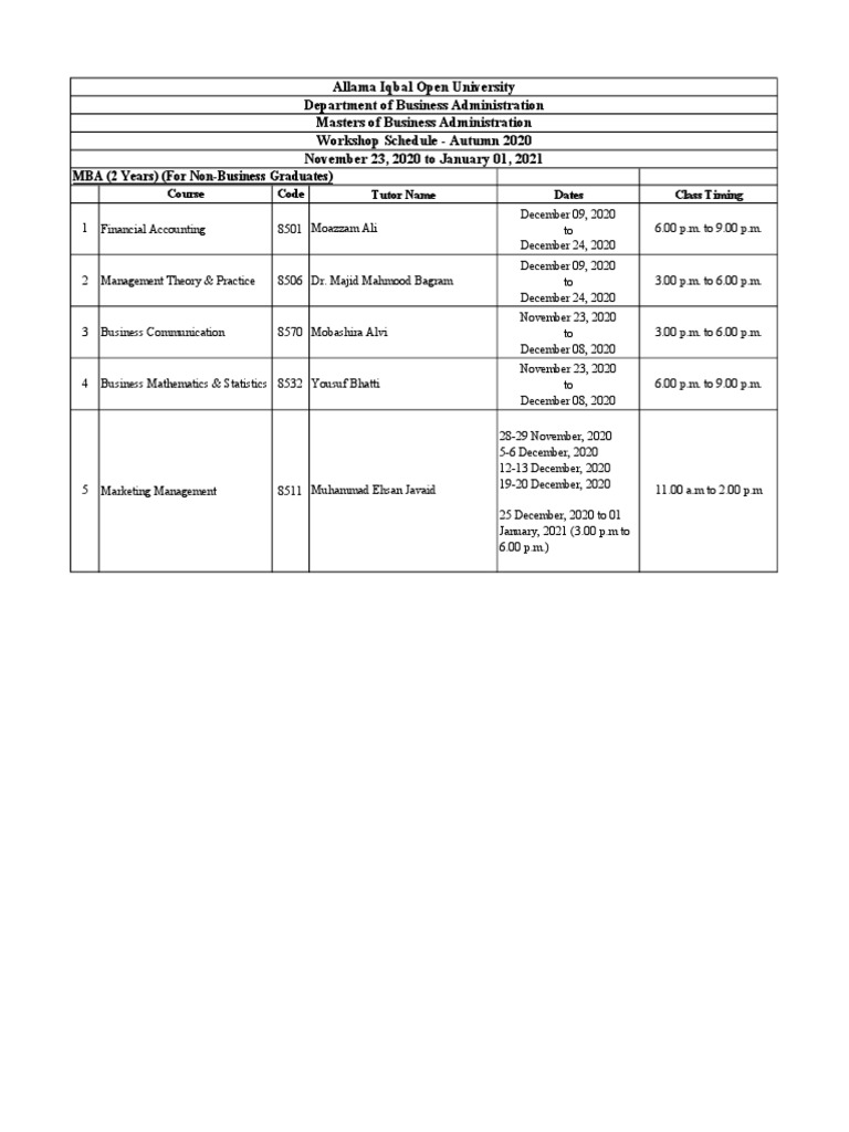 Schedule of Classes MBA 2 PDF Master Of Business Administration