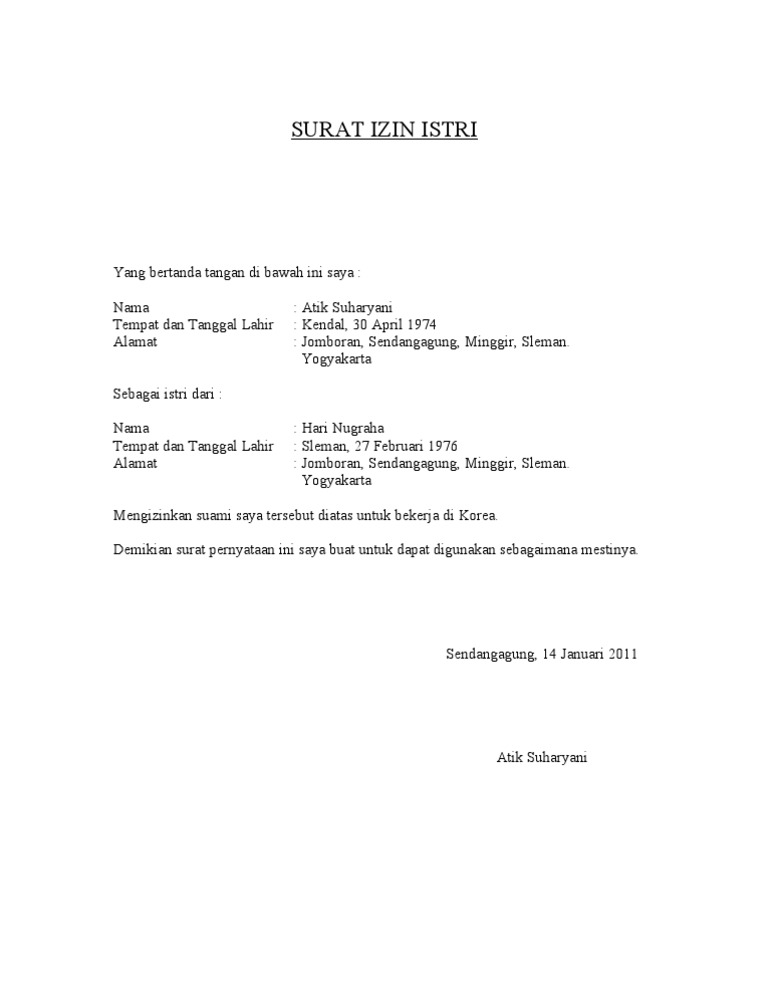 Contoh Surat Izin Suami Untuk Lamaran Kerja - Berbagi ...