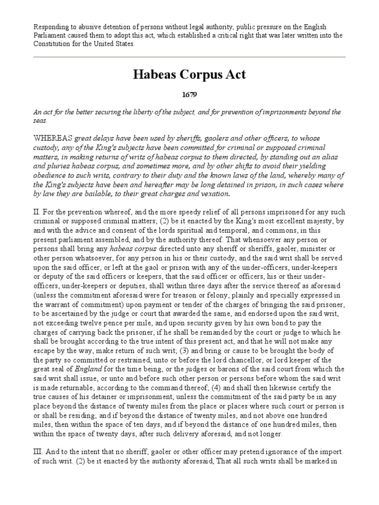 Habeas corpus act 1679 habeas corpus writ