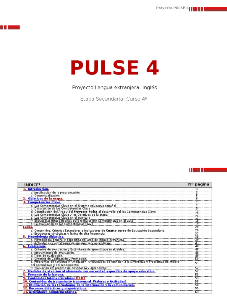 Proyecto PULSE 4: Inglés Secundaria | PDF | Evaluación | Plan de estudios