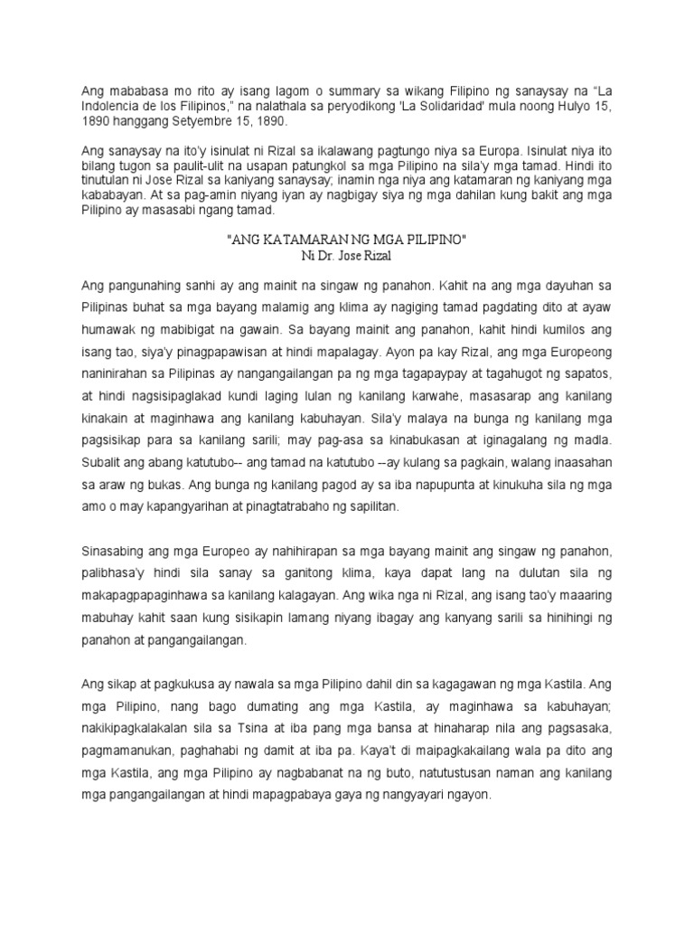 Ang Katamaran Ng Mga Pilipino Ni Dr Jose Rizal