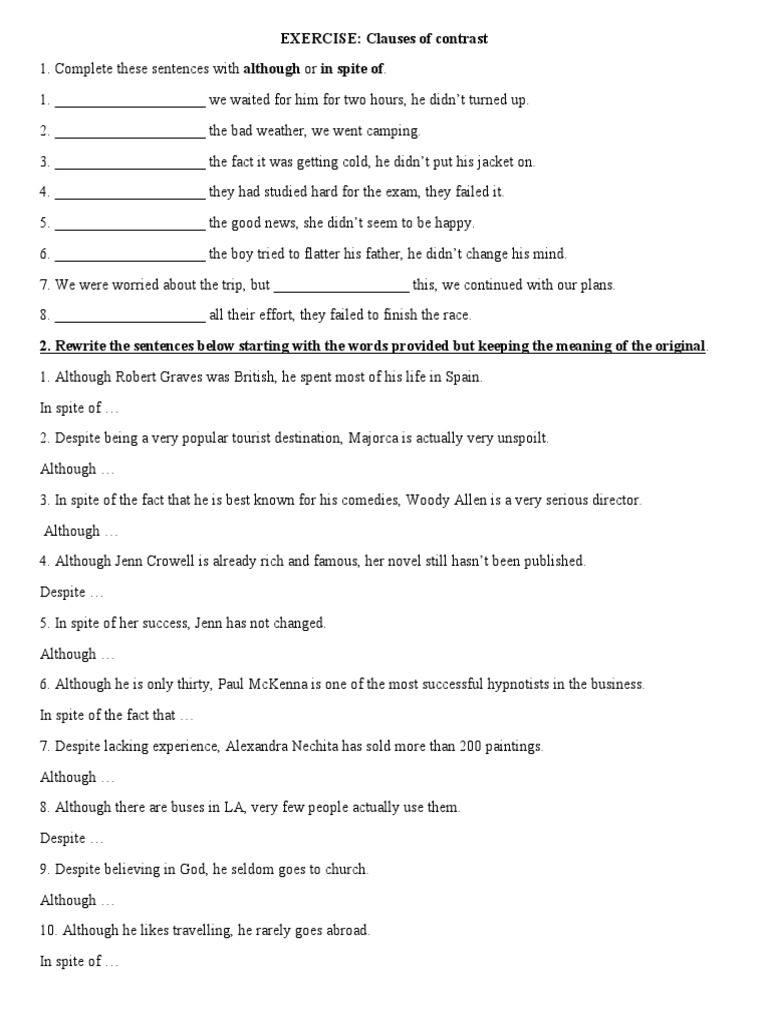 Contrast Clauses Exercise Worksheet | PDF