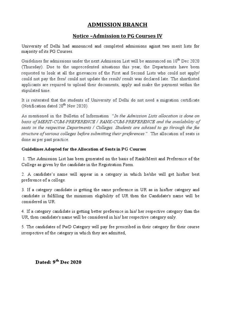 Delhi University PG Admission Notice | PDF