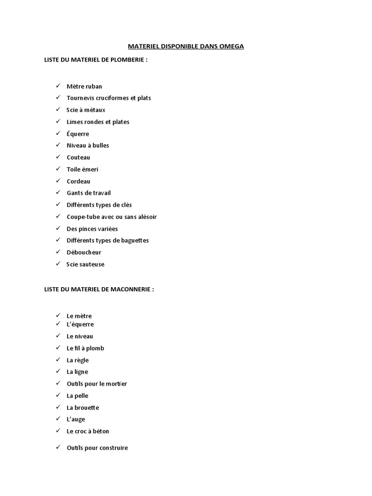 Liste du matériel de plomberie