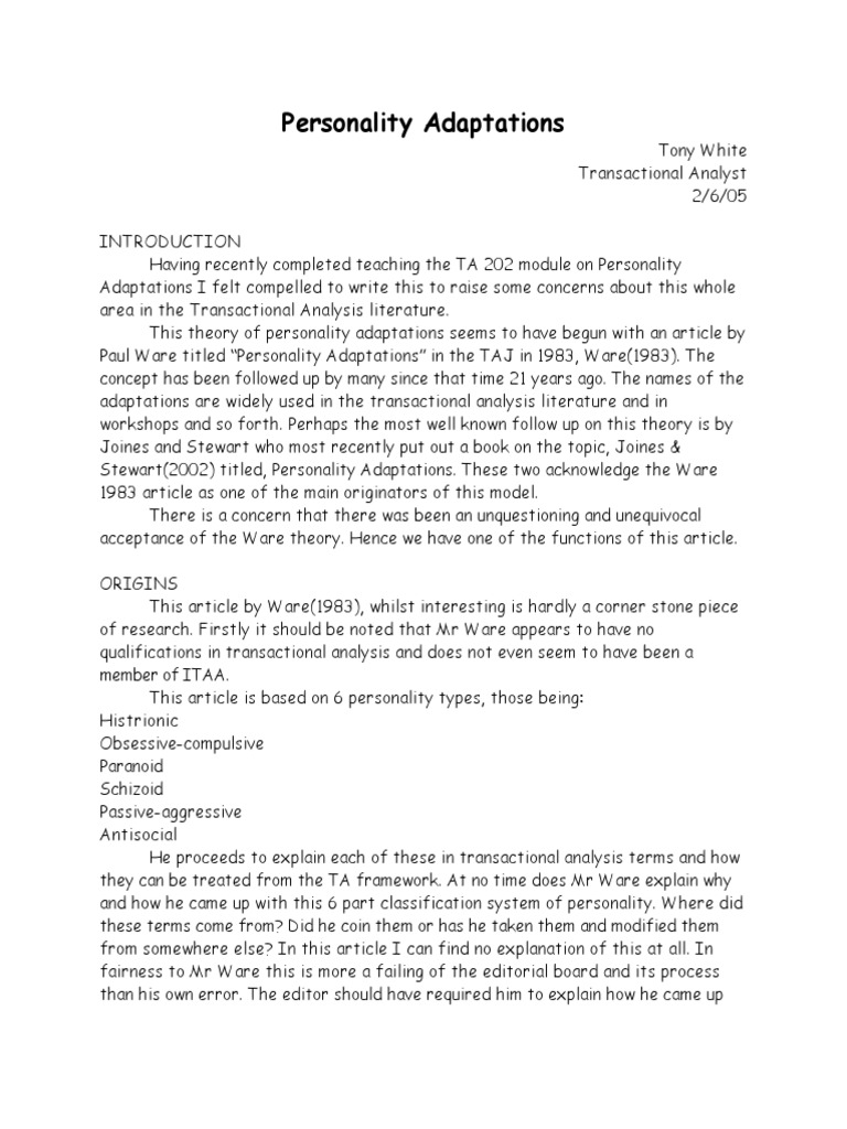 White T. Personality Adaptations PDF | PDF