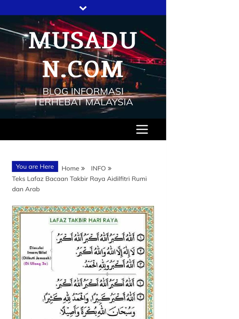 Bacaan Takbir Hari Raya Aidilfitri Teks Rumi Dan Arab | PDF