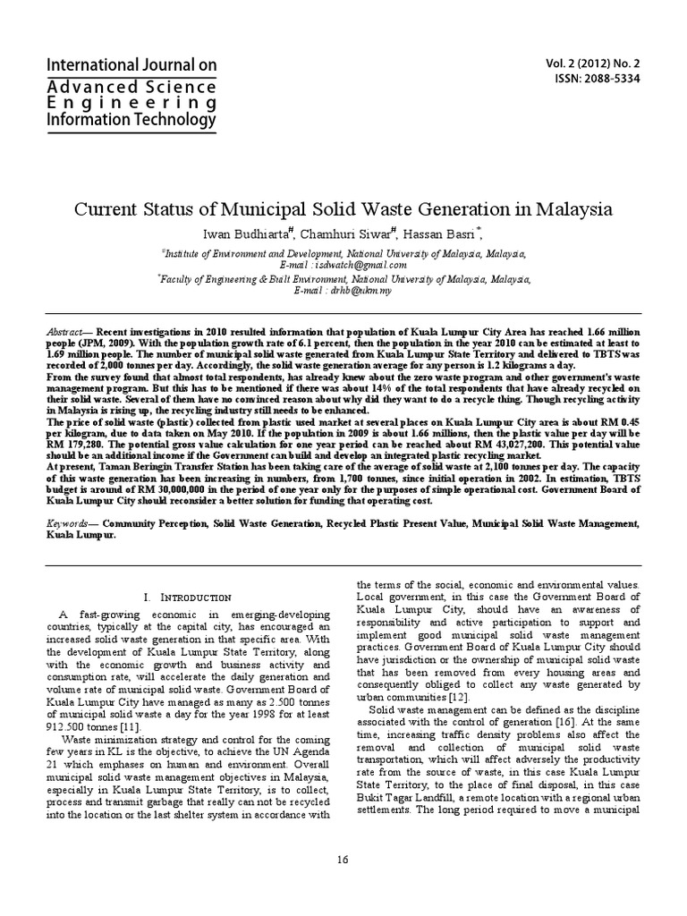 Current Status of Municipal Solid Waste Generation in Malaysia | PDF ...