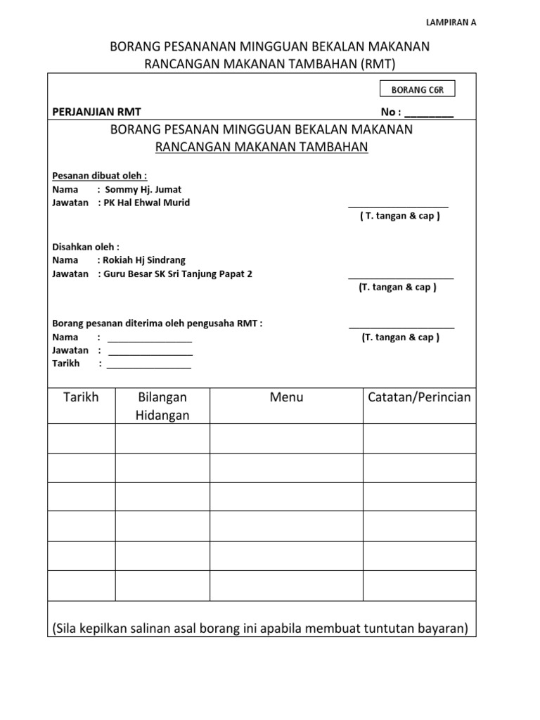 Borang Pesanan RMT Mingguan | PDF