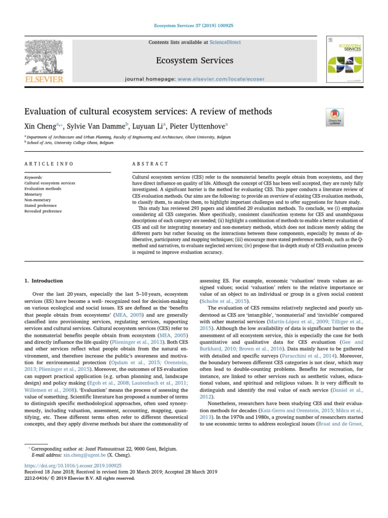 Evaluation of Cultural Ecosystem Service: A Review of Methods | PDF ...