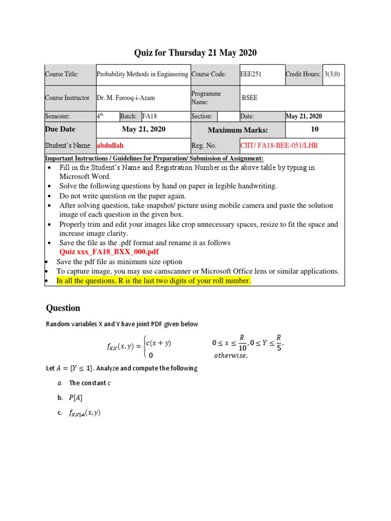 Quiz For Thursday 21 May 2020 Due Date May 21, 2020 Maximum Marks 10