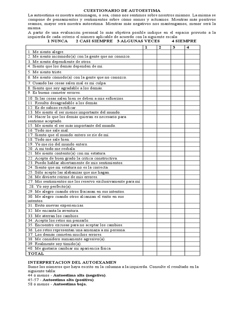 Cuestionario de Autoestima | PDF | Autoestima