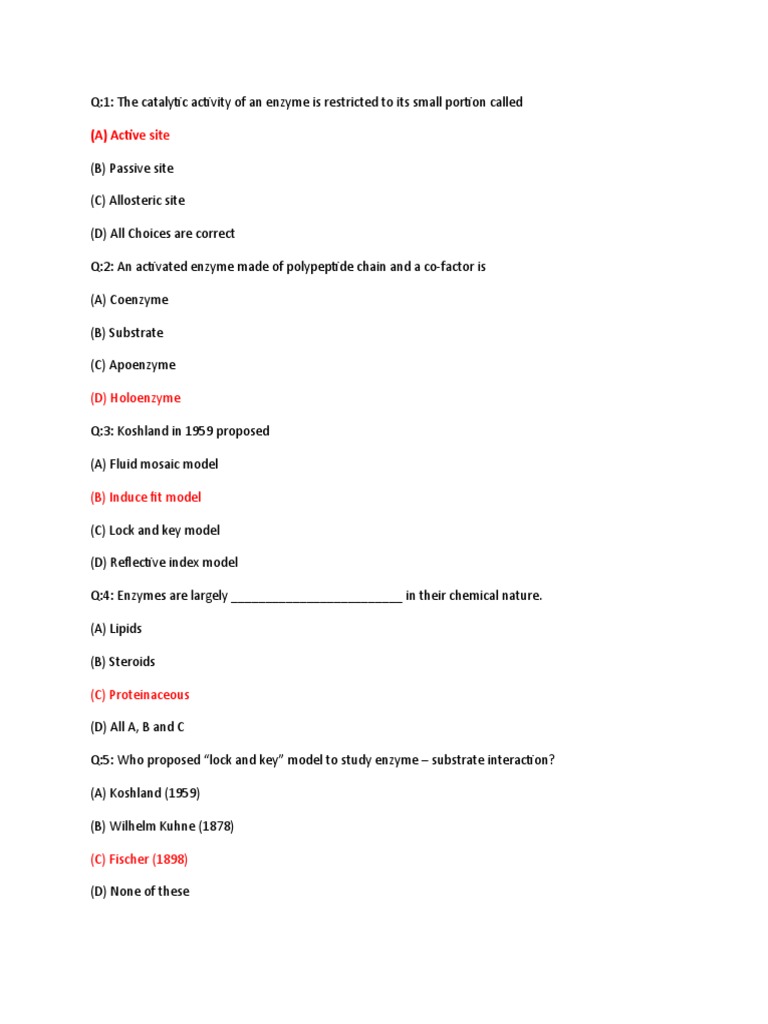 Quiz On Enzyme PDF Active Site Enzyme