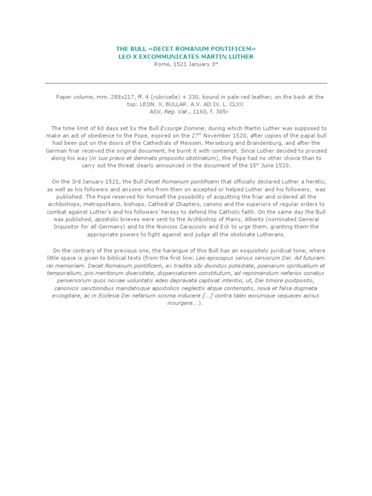 The Bull Decet Romanum Pontificem PDF Martin Luther Pope