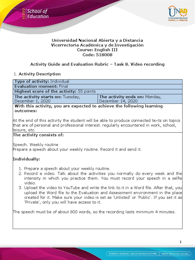Activity Guide and Evaluation Rubric - Task 8 Video Recording PDF | PDF ...