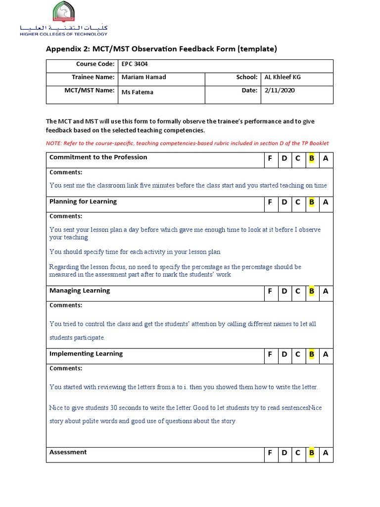 MCT/MST Observation Feedback Template | PDF