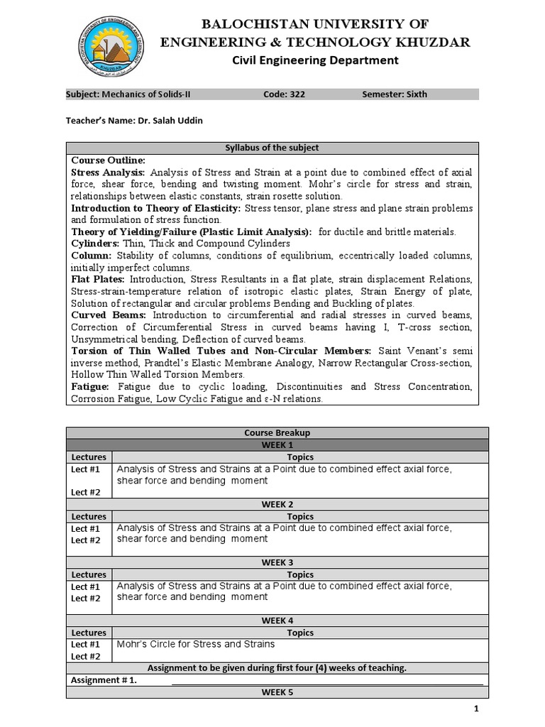 Mechanics of Solids-II Syllabus | PDF | Bending | Stress (Mechanics)