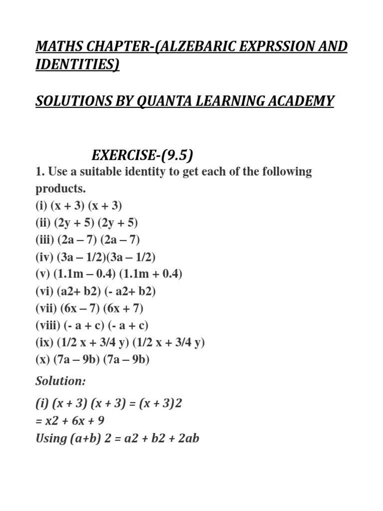 Class 9 Algebraic Identities Exercise | PDF | Teaching Methods ...