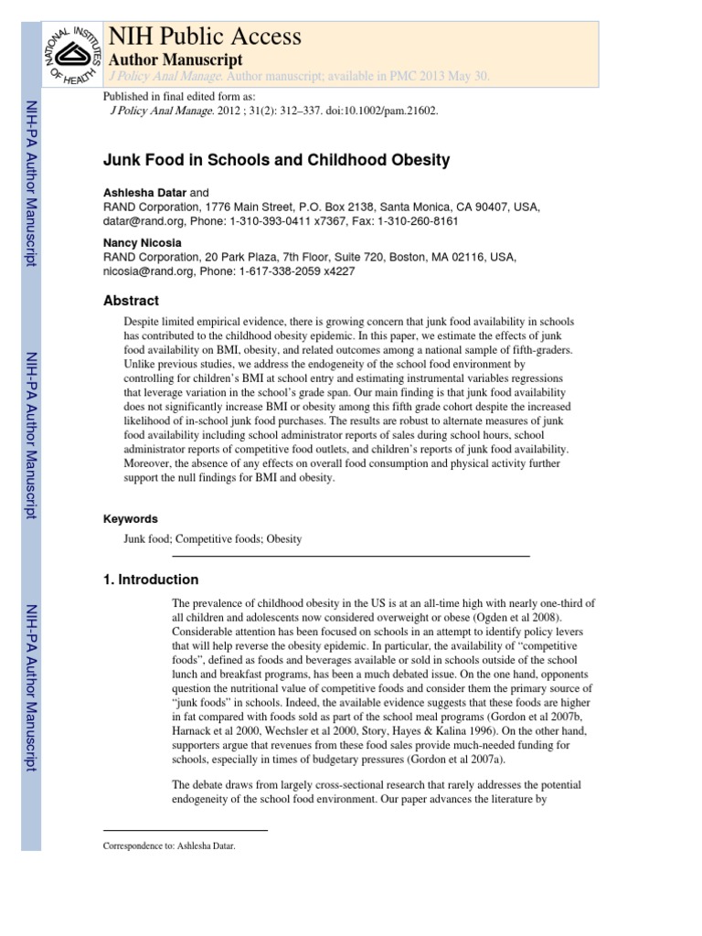 NIH Public Access: Junk Food in Schools and Childhood Obesity | PDF ...