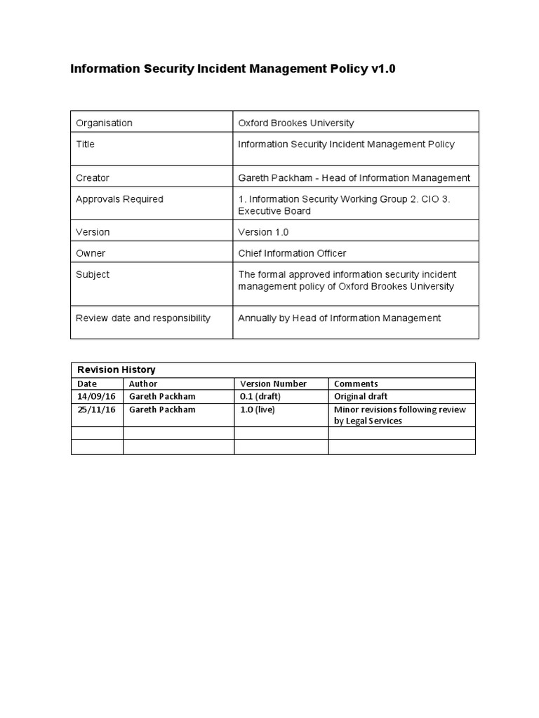 Information Security Incident Management Policy v1.0: Revision History ...