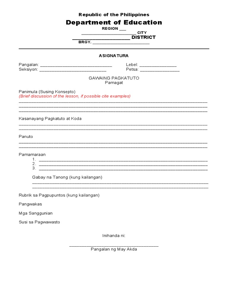 Learning Activity Sheet Template Tagalog PDF