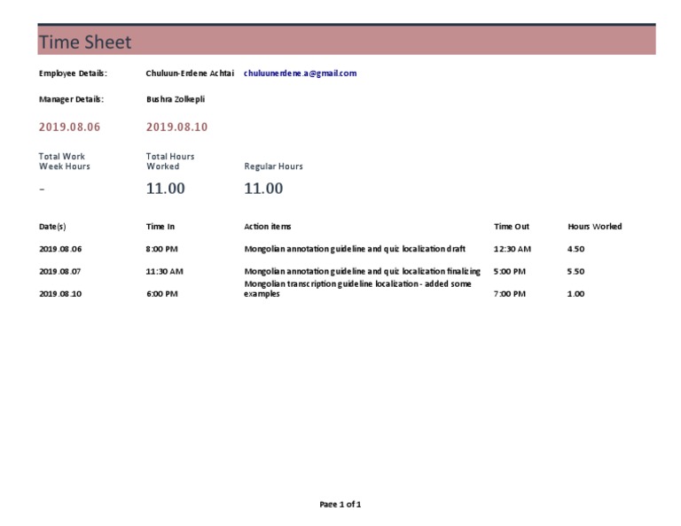 Time Sheet Regular Hours Total Work Week Hours Total Hours Worked PDF
