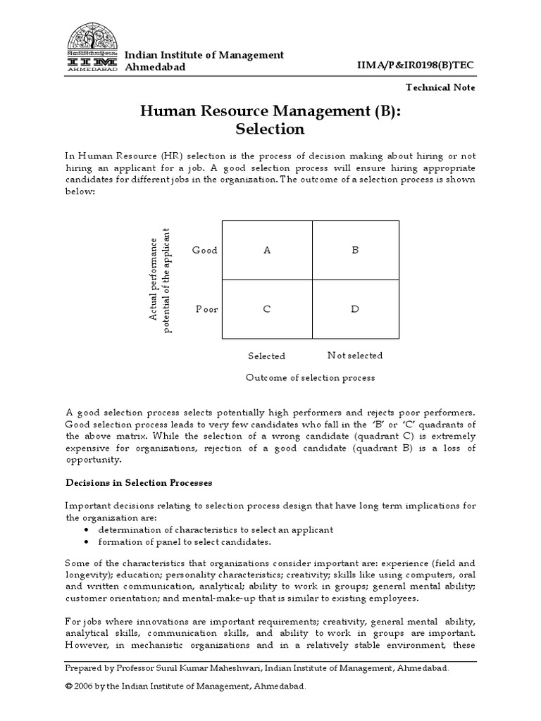 Human Resource Management (B) : Selection: Indian Institute of ...