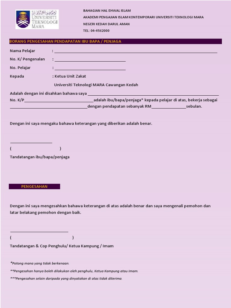 Borang Pengesahan Pendapatan Ibu Bapa Penjaga Pelajar Pdf