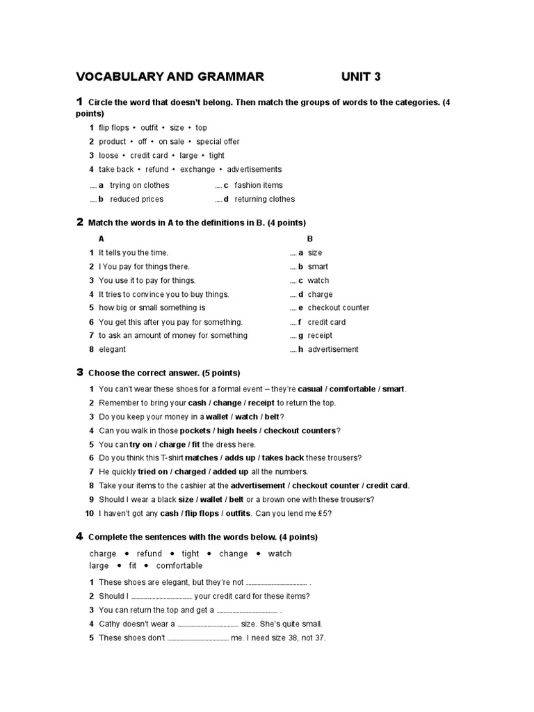 Vocabulary and Grammar Unit 3 | PDF | Point Of Sale | Clothing