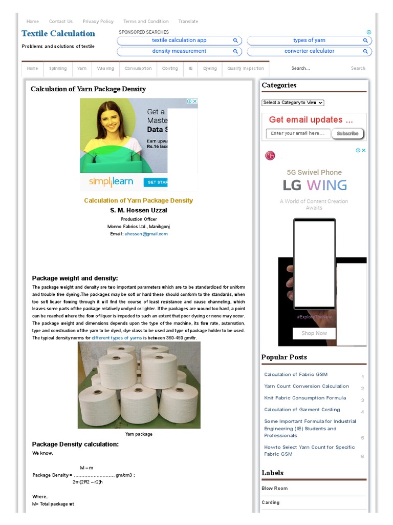 Calculation of Yarn Package Density Textile Calculation PDF Yarn Spinning (Textiles)