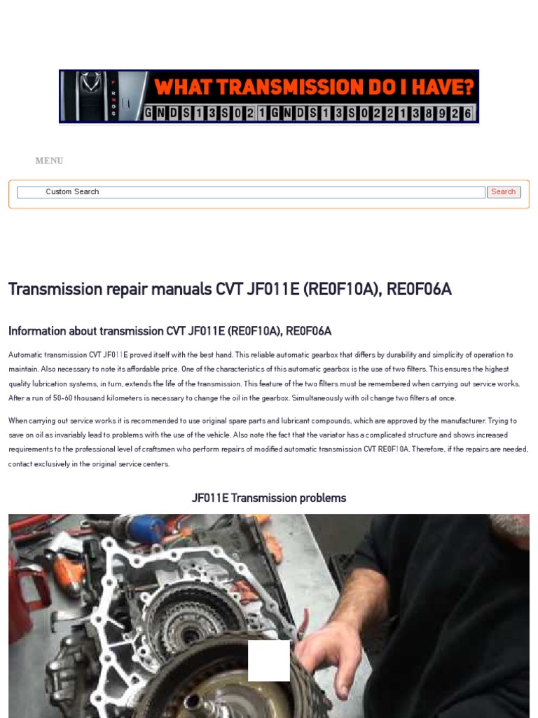 Transmission Repair Manuals CVT JF011E (RE0F10A), RE0F06A Rebuild