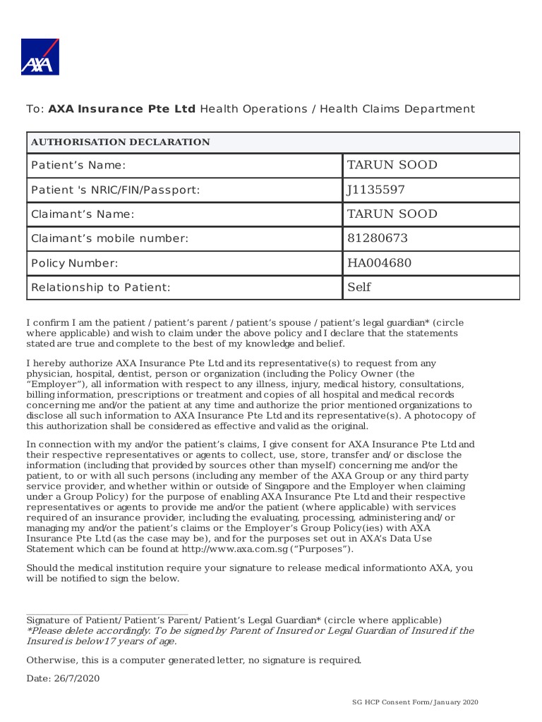 To AXA Insurance Pte LTD Health Operations / Health Claims Department