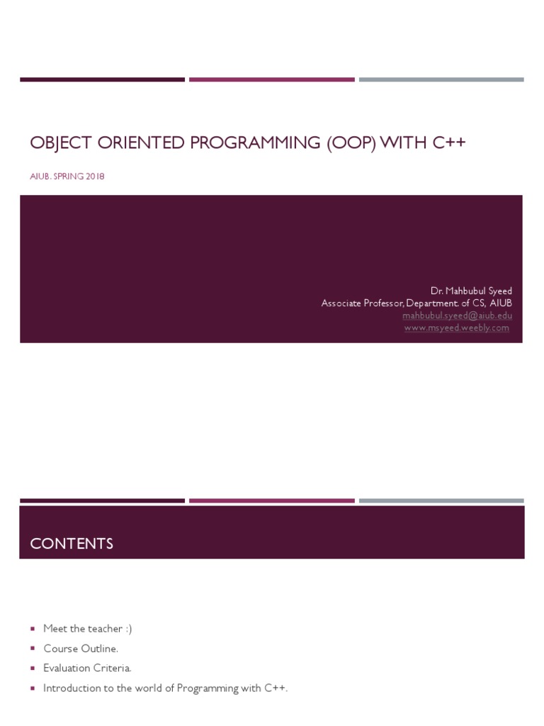 Object Oriented Programming (Oop) With C++: Aiub. Spring 2018 ...
