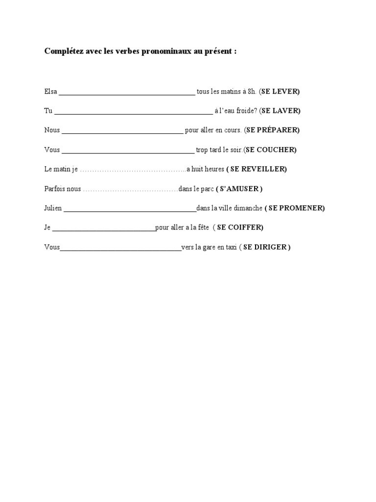 Exercices sur les verbes pronominaux au présent | PDF | Arts du langage ...