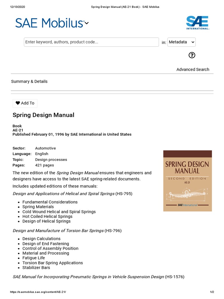 Spring Design Manual (AE21 Book) SAE Mobilus PDF Vehicles Manufactured Goods