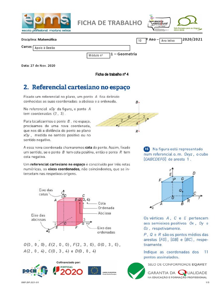 Ficha - de - Trabalho 4 Coordenadas No Espaço | PDF