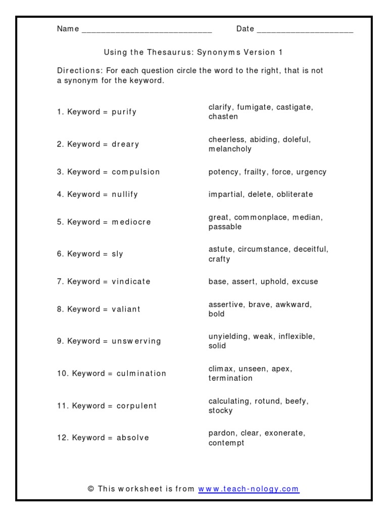 Using The Thesaurus Synonyms Version 1 Directions For Each Question