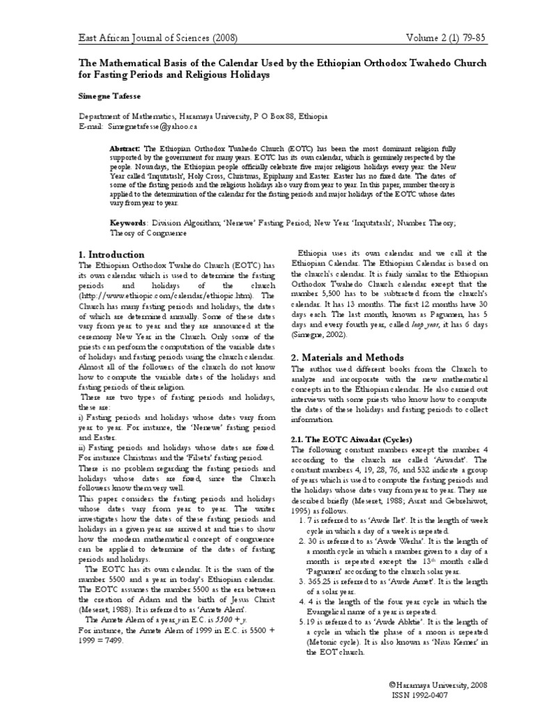 The Mathematical Basis of The Calendar Used by The Ethiopian Orthodox  Twahedo Church For Fasting Periods and Religious Holidays | PDF | Workweek  And Weekend | Algebra