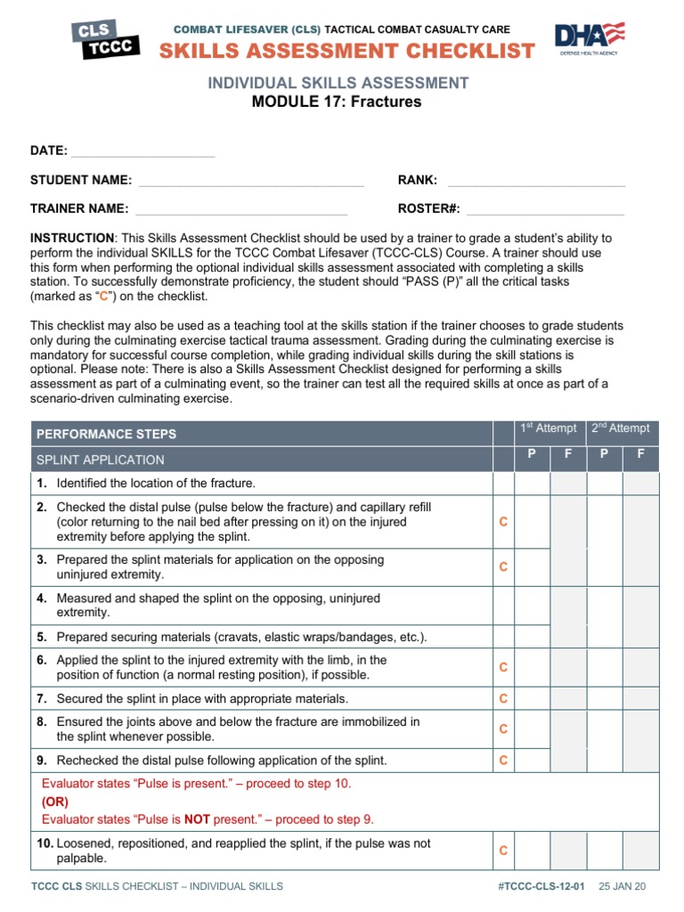 TCCC Combat Lifesaver Skills Checklist | PDF | Hypothermia | Human ...