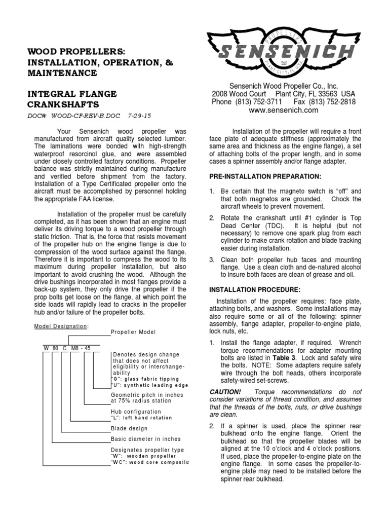 Wood Propellers Installation, Operation, & Maintenance Integral Flange
