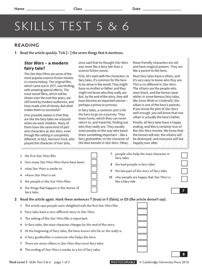 Think L3 Skills Test Units 5-6 | PDF | Fairy Tales | Star Wars