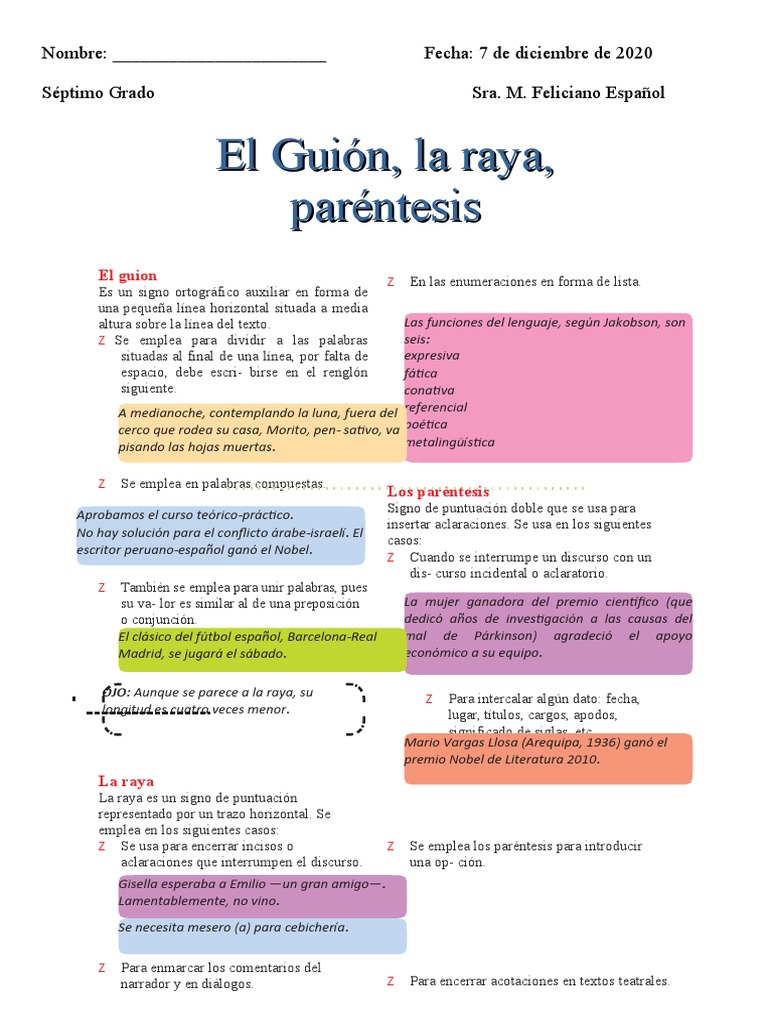 El Guion La Raya y El Paréntesis para Tercer Grado de Secundaria PDF Puntuación Soporte