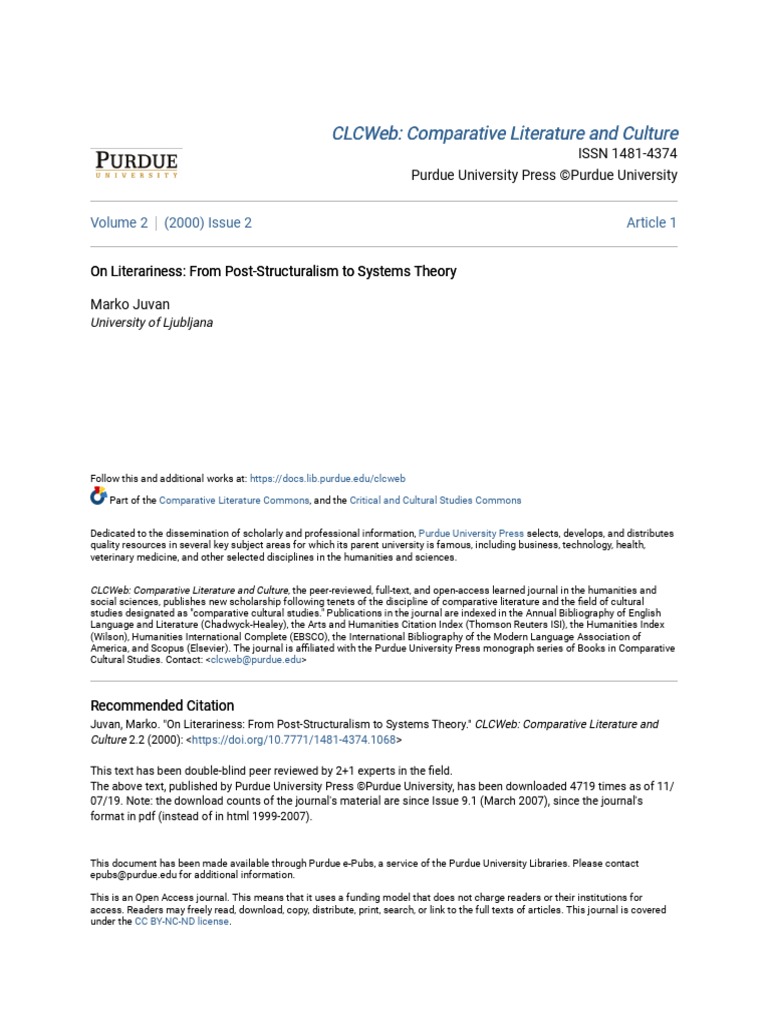 On Literariness From PostStructuralism To Systems Theory PDF