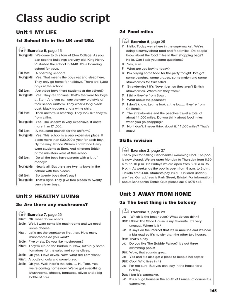 Class Audio Script: Unit 1 My Life | PDF | Foods
