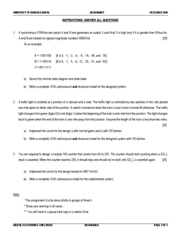 Instructions Answer All Questions PDF Vhdl Computer Engineering