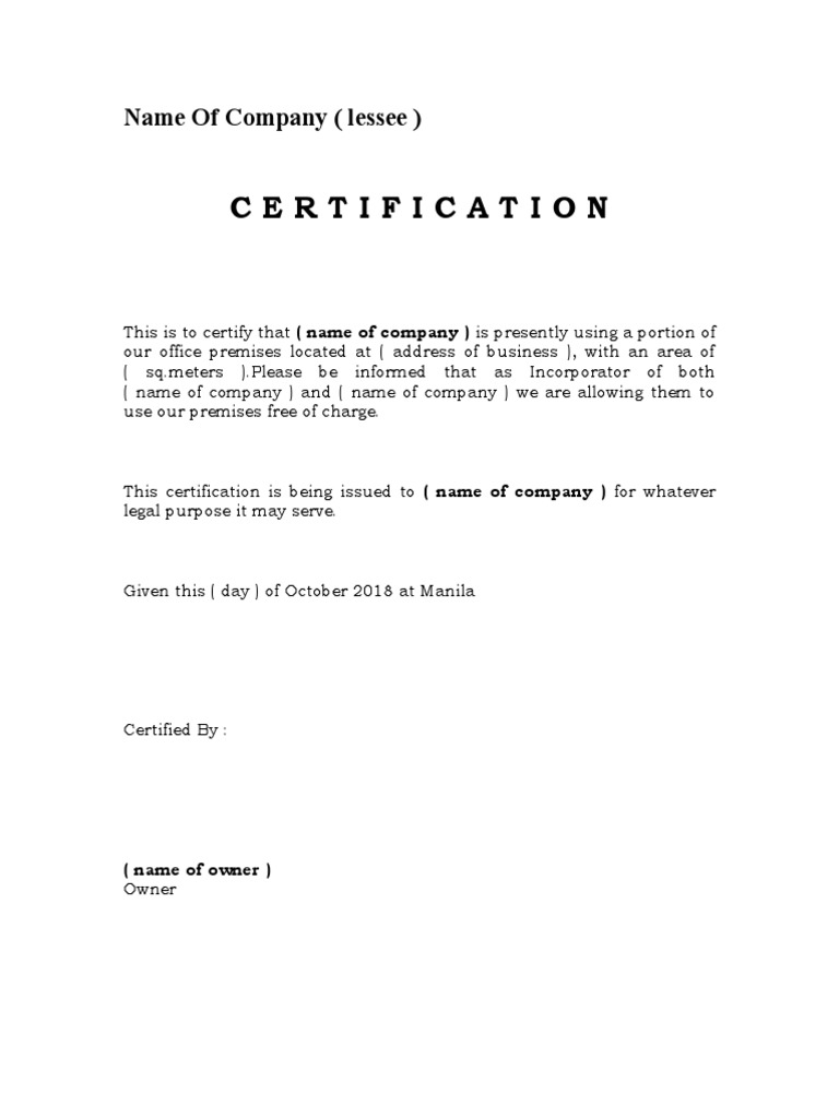 Business Premises Certification Sample | PDF