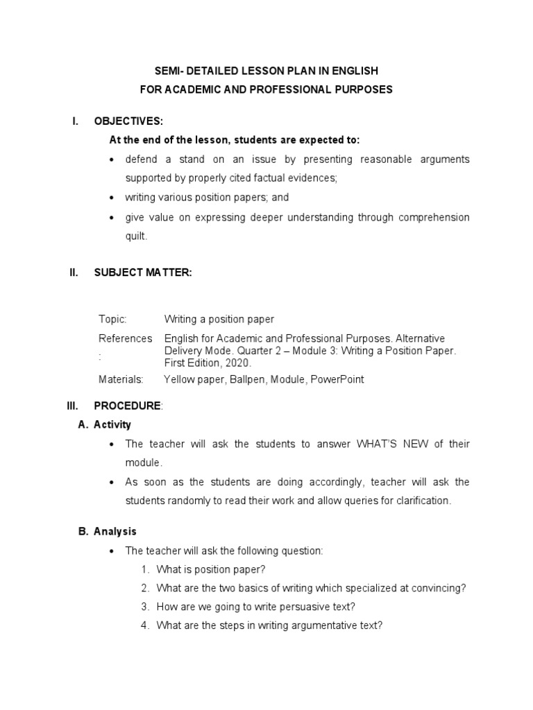 Position Paper Lesson Plan | PDF | Argument | Reason